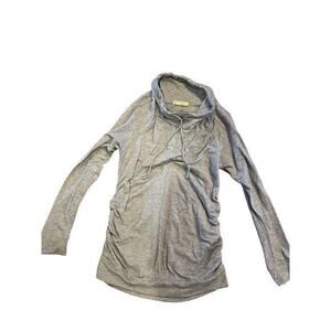 Femme Maternity Cowl Neck Drawstring Heathered Blue Pullover Top Side‎ Ruching